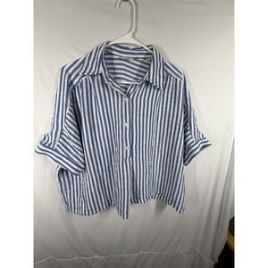 Max Studio London Blue White Striped Seersucker Button Up Shirt Blouse Oversized